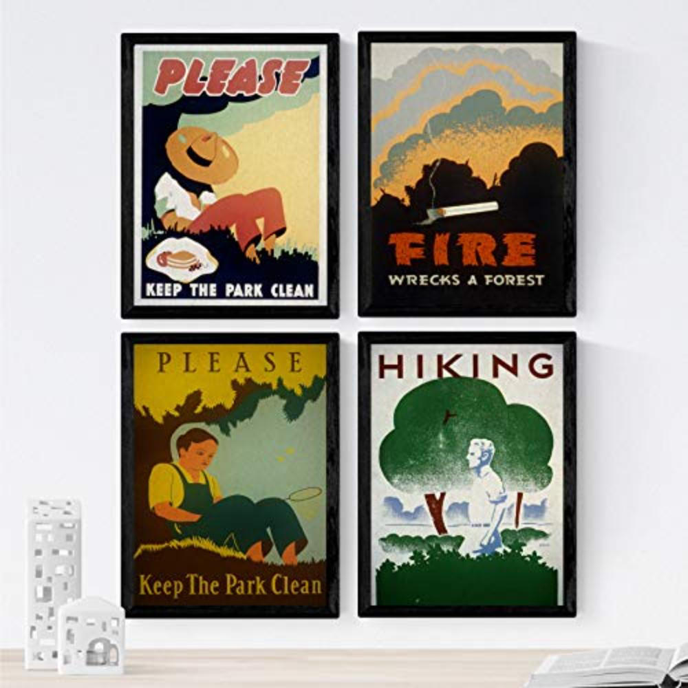 POSTER Set mit 4 Jahrgang Brandprävention A4 Schwarzer Rahmen - Schwarz, Papier (29.7/3cm) - Nacnic