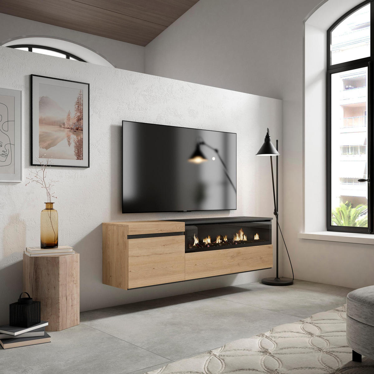 LOWBOARD Elektrokamin, Hängend, eiche, schwarz, 150/35/45cm - Naturfarben, Holzwerkstoff (150/45/35cm) - Skraut Home