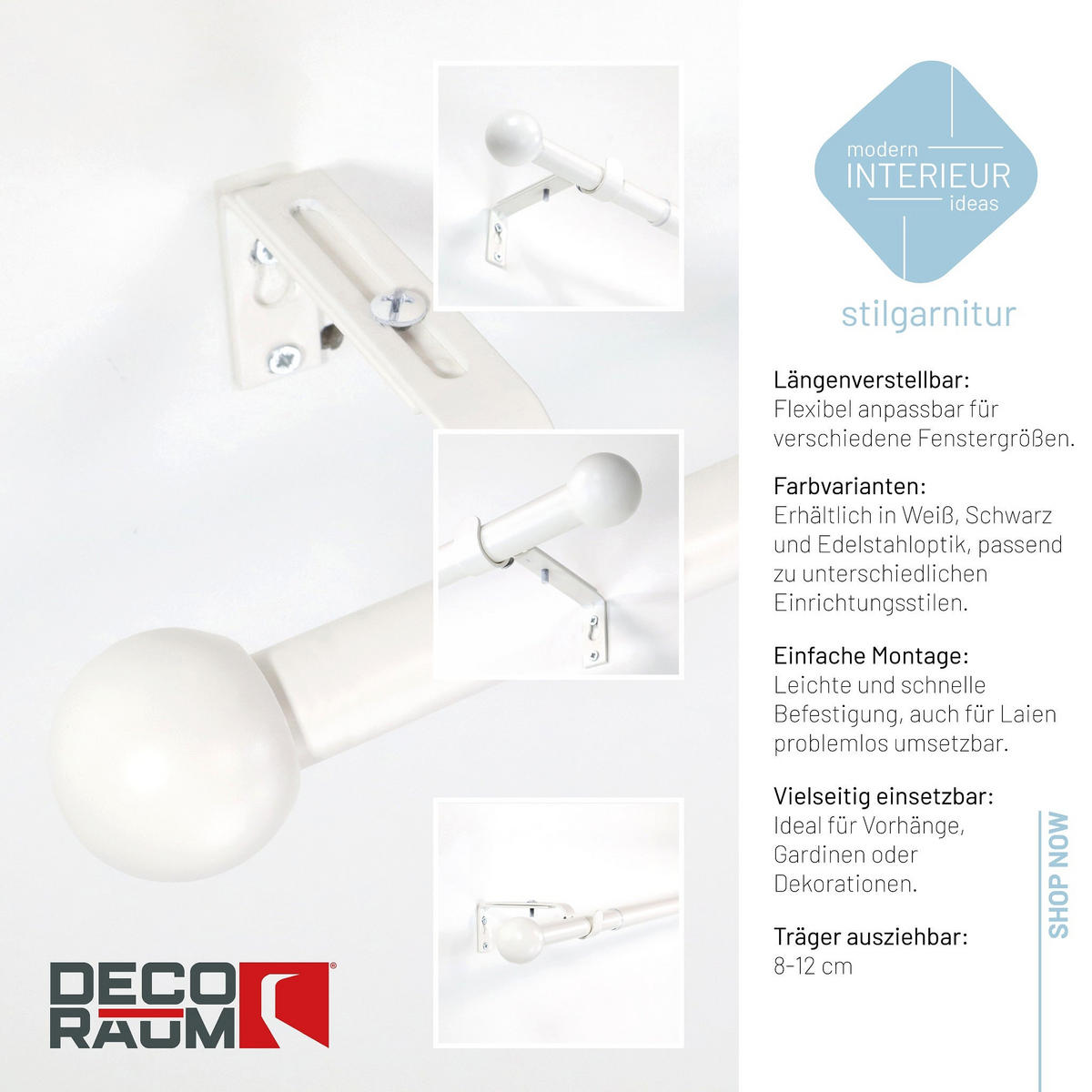 AUSZIEHBARE Gardinenstange, Vorhangstange Metall, Endkappen Kugel, Schwarz matt, Weiß matt, Edelstahloptik, Montagematerial inklusive, Indoor. - Weiß, Metall (120cm) - Deco-Raum