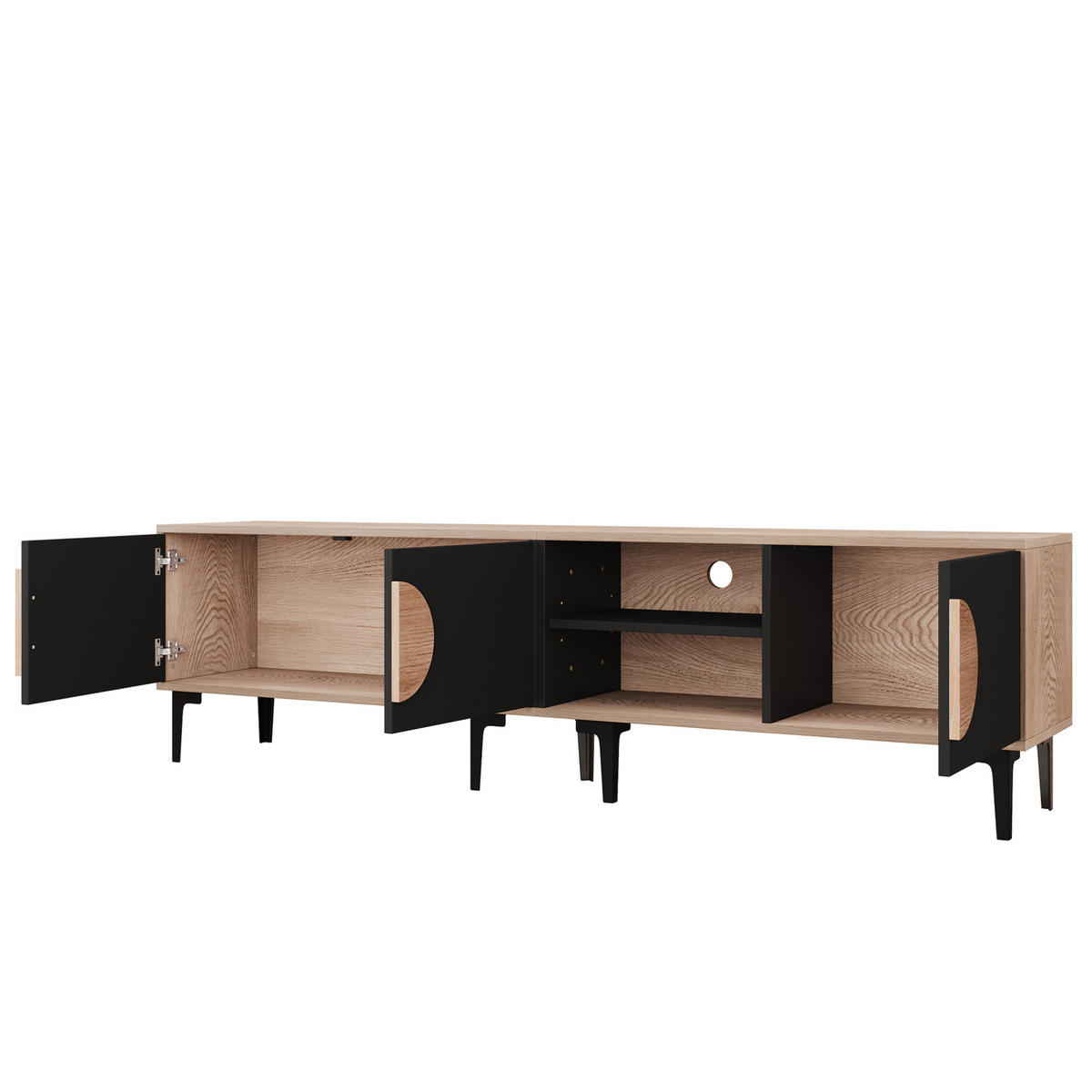 TV stolek 180/35/49 cm s otevřenými policemi a 3 skříňkami, stabilní konstrukce, Dub/černá - černá, kompozitní dřevo (180/49/35cm) - Redom