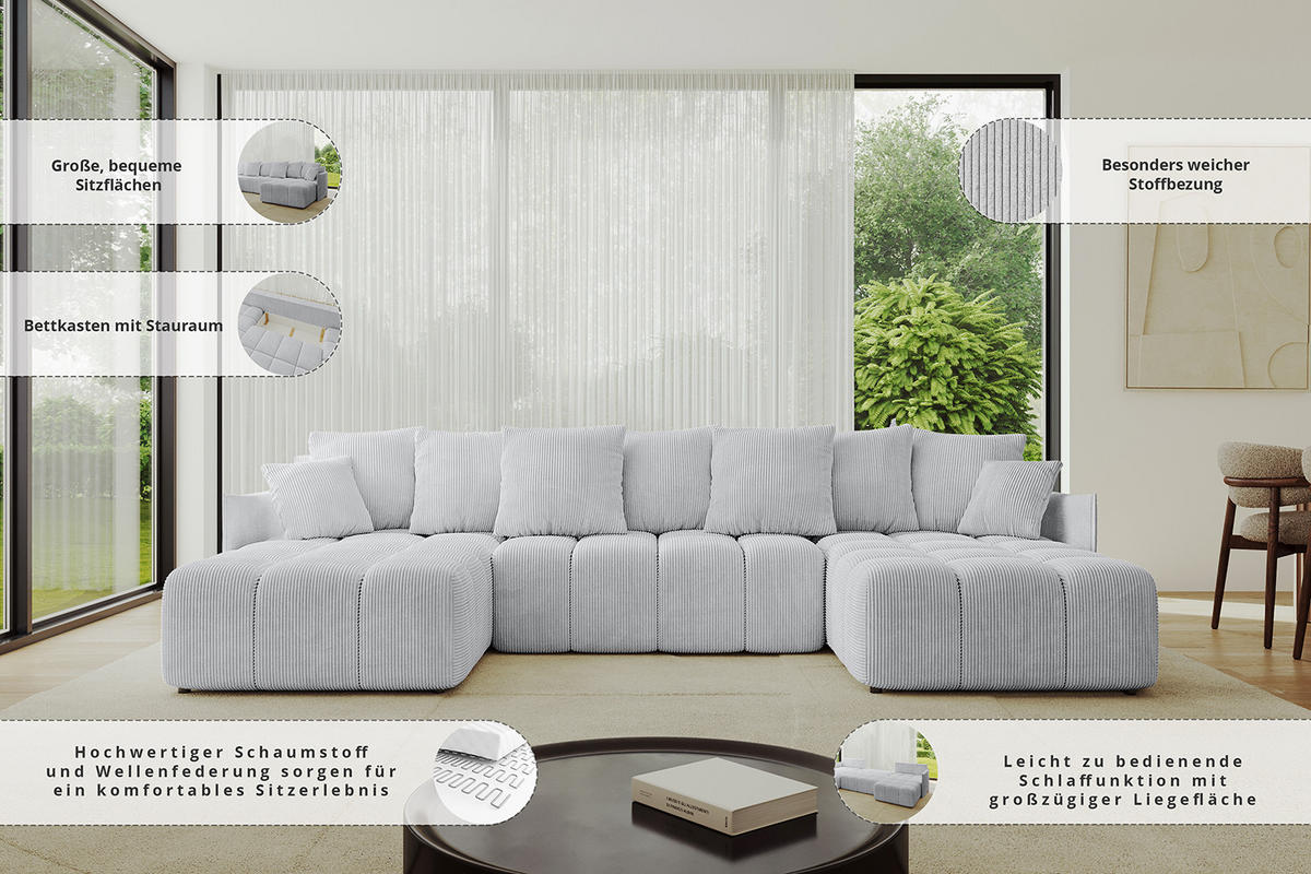 WOHNLANDSCHAFT LONLI-U 355x189x68 Dunkelgrau Cord - Dunkelgrau, Holzwerkstoff/Kunststoff (355/68/189cm) - ALTDECOR