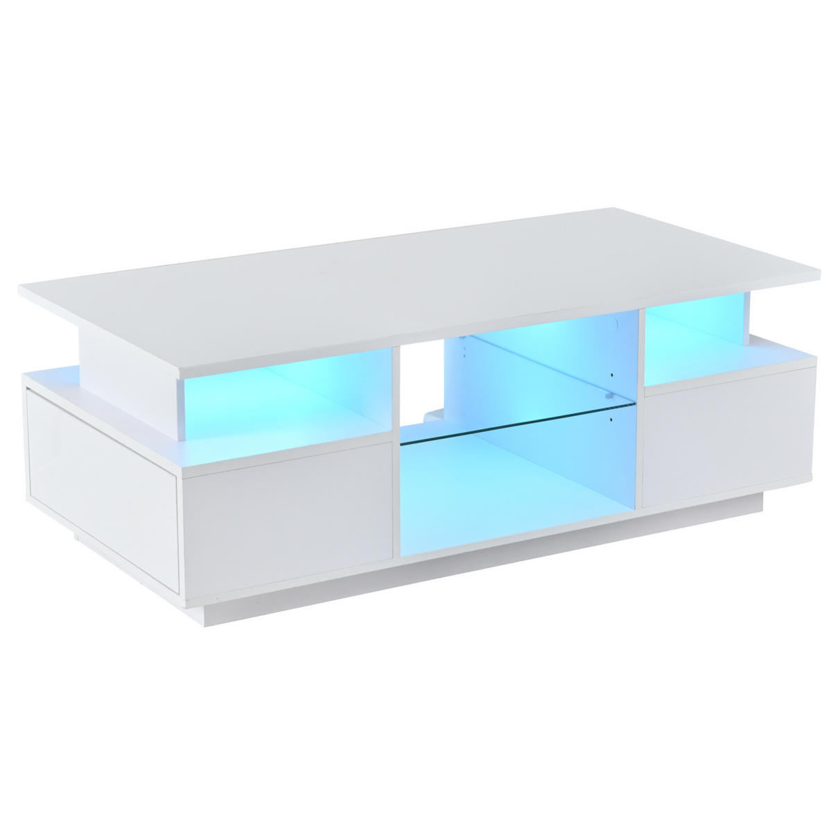 COUCHTISCH 100/50/36 cm mit 2 Schubladen, Glasablagen und LED-Beleuchtung in Hochglanz, Weiß - Weiß, Holzwerkstoff (100/50/36cm) - Redom