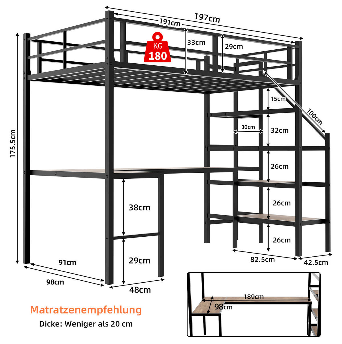 HOCHBETT mit L-förmigem Schreibtisch, Treppe und Stauraum, Metall, Schwarz - Schwarz, Metall (90/190cm) - MIVRAY