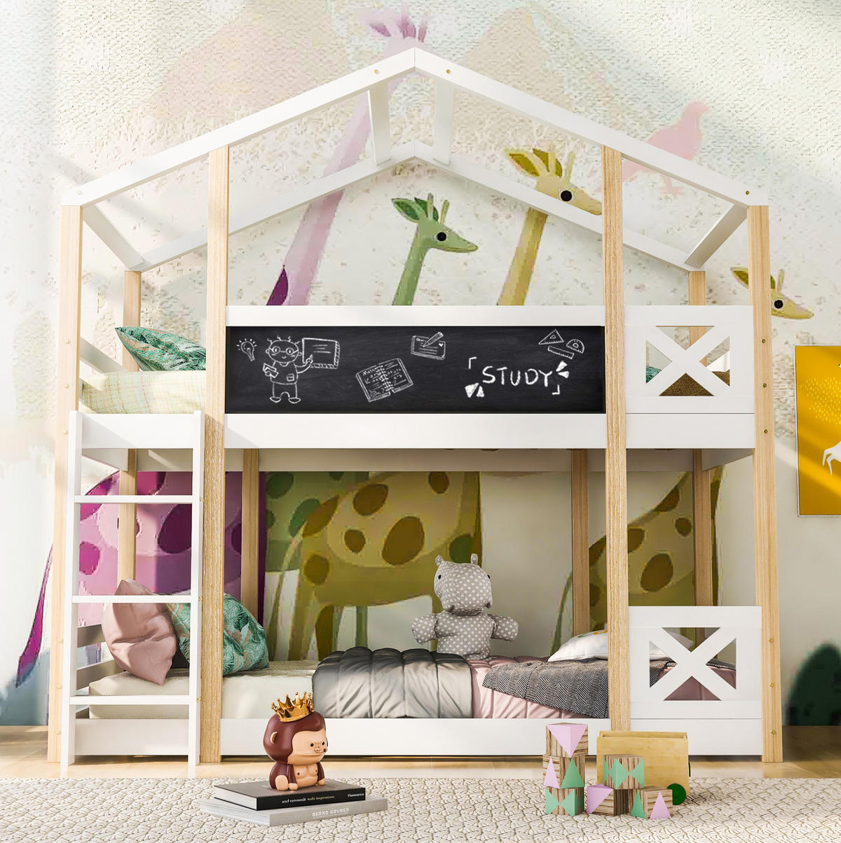 ETAGENBETT 90/200 cm in Weiß mit Hausdesign und Leiter - Weiß, Holz (90/200cm) - OKMYHOME