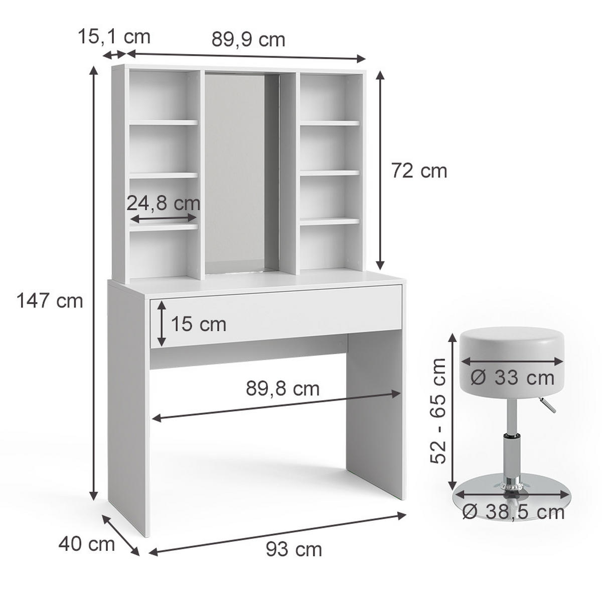 SCHMINKTISCH Alexa Weiß 93 cm mit Hocker - Weiß, Holzwerkstoff (93/147/40cm) - Vicco