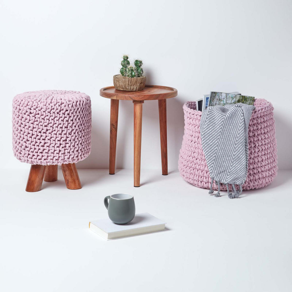 STRICK-HOCKER rosa, Dreibein 32/32/42 cm - Rosa, Textil (32/42/32cm) - Homescapes