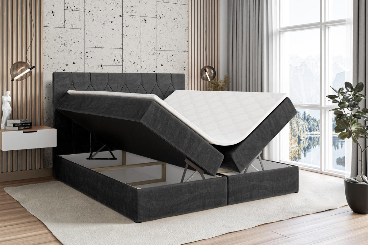 BOXBETT mit H4-Matratze und Lattenrost - VELANTO-BZ - 180x200 Weiß Hochglanz - Schwarz, Holzwerkstoff (180/200cm) - ALTDECOR