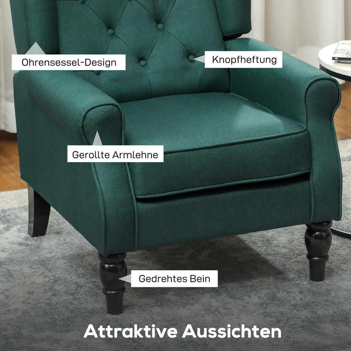 EINZELSESSEL Polyester Holz Dunkelgrün - Dunkelgrün/Schwarz, Holz/Textil (74/102/86cm) - HOMCOM