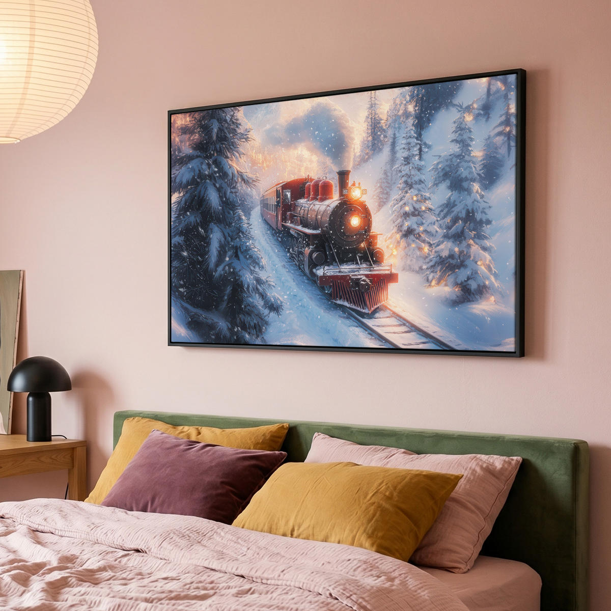 LEINWAND Bilder mit Rahmen - Weihnachtszug - Schnee - Winter - Weihnachten - 120x80 - Dunkelrot, Textil (120/80cm) - MuchoWow