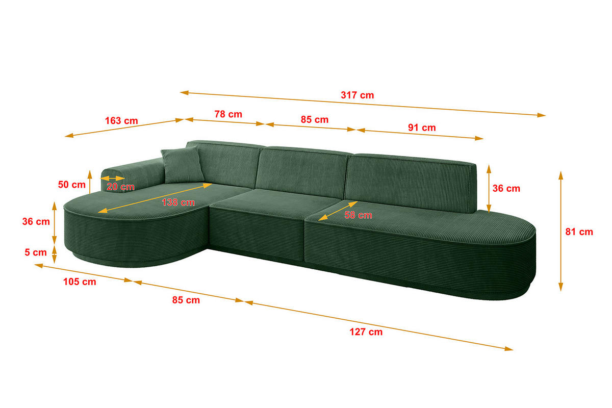 ECKSOFA Ottomane Links MARI-L2-v3 - 317x163x81 cm Grün Cord - Schwarz/Grün, Holzwerkstoff/Kunststoff (317/163cm) - ALTDECOR