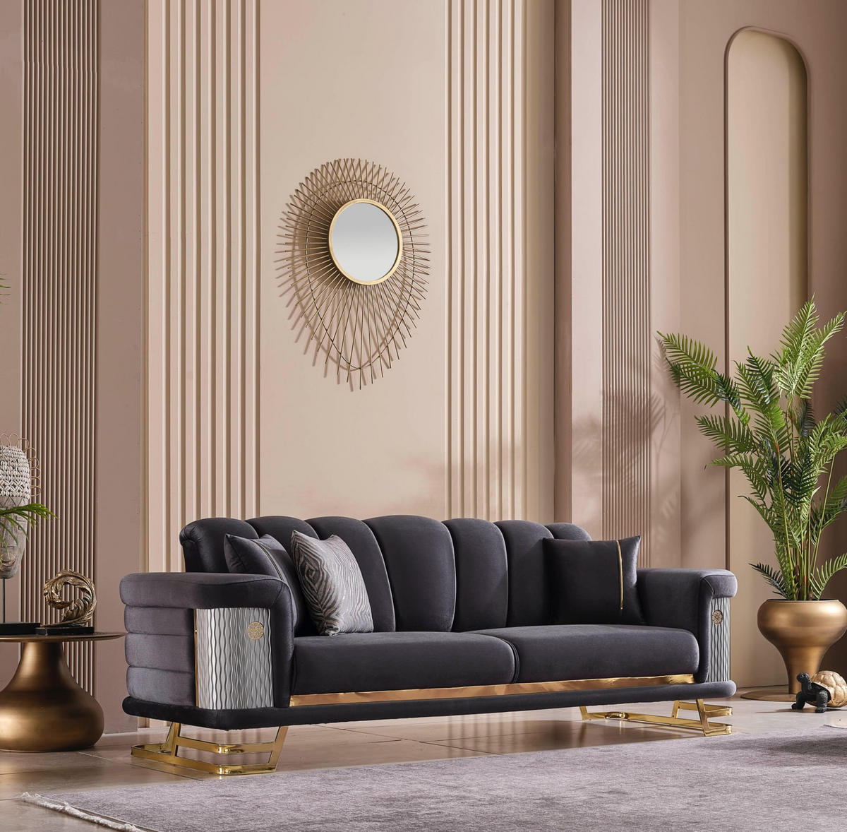 SOFA Zeon 2-Sitzer Samtstoff Anthrazit - Anthrazit, Textil/Metall (180/90/90cm) - Villa Möbel