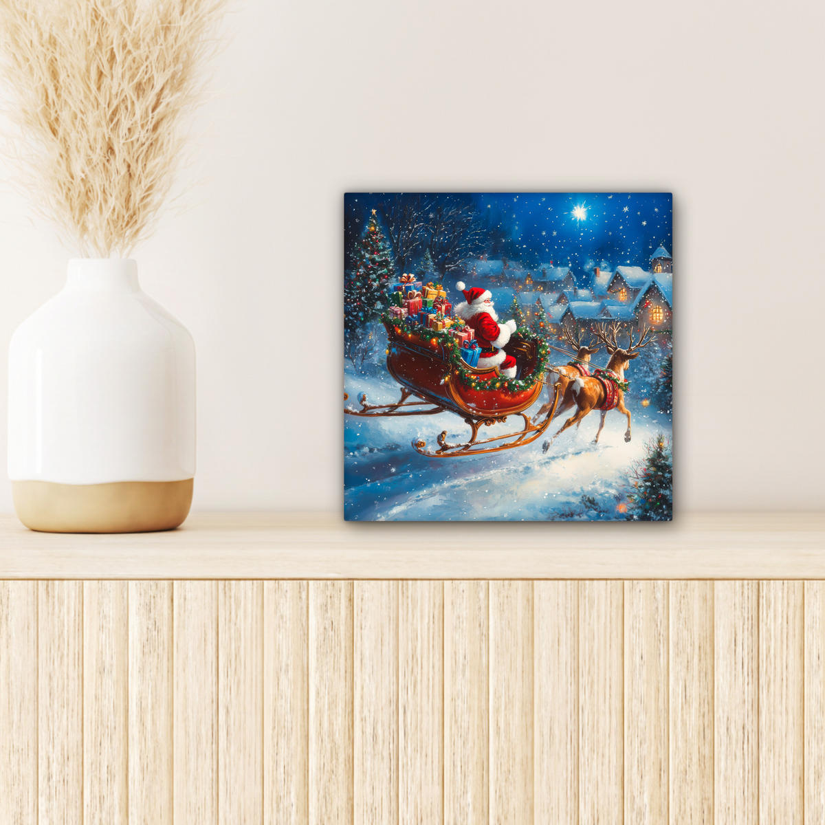 LEINWANDBILD Weihnachtsmann - Rentier - Weihnachten - Schnee 20x20 cm - Cognac, Textil (20/20cm) - MuchoWow