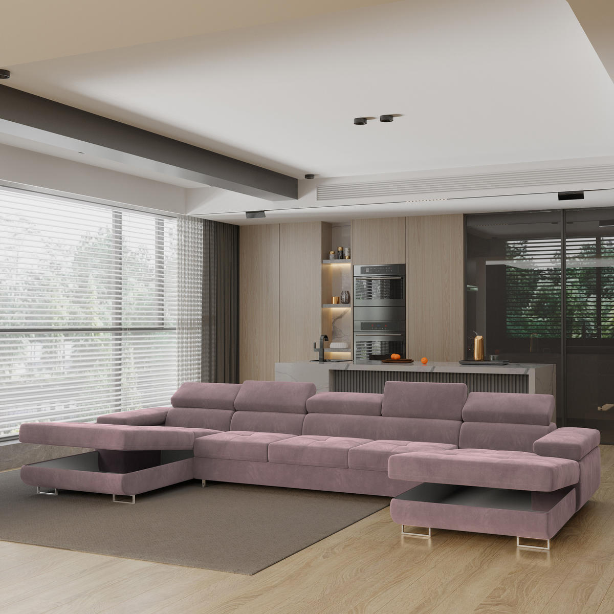 WOHNLANDSCHAFT OMBRA Lila Velours-Stoff mit Schlaffunktion - Lila, Holz (425/90/202cm) - MASSENO