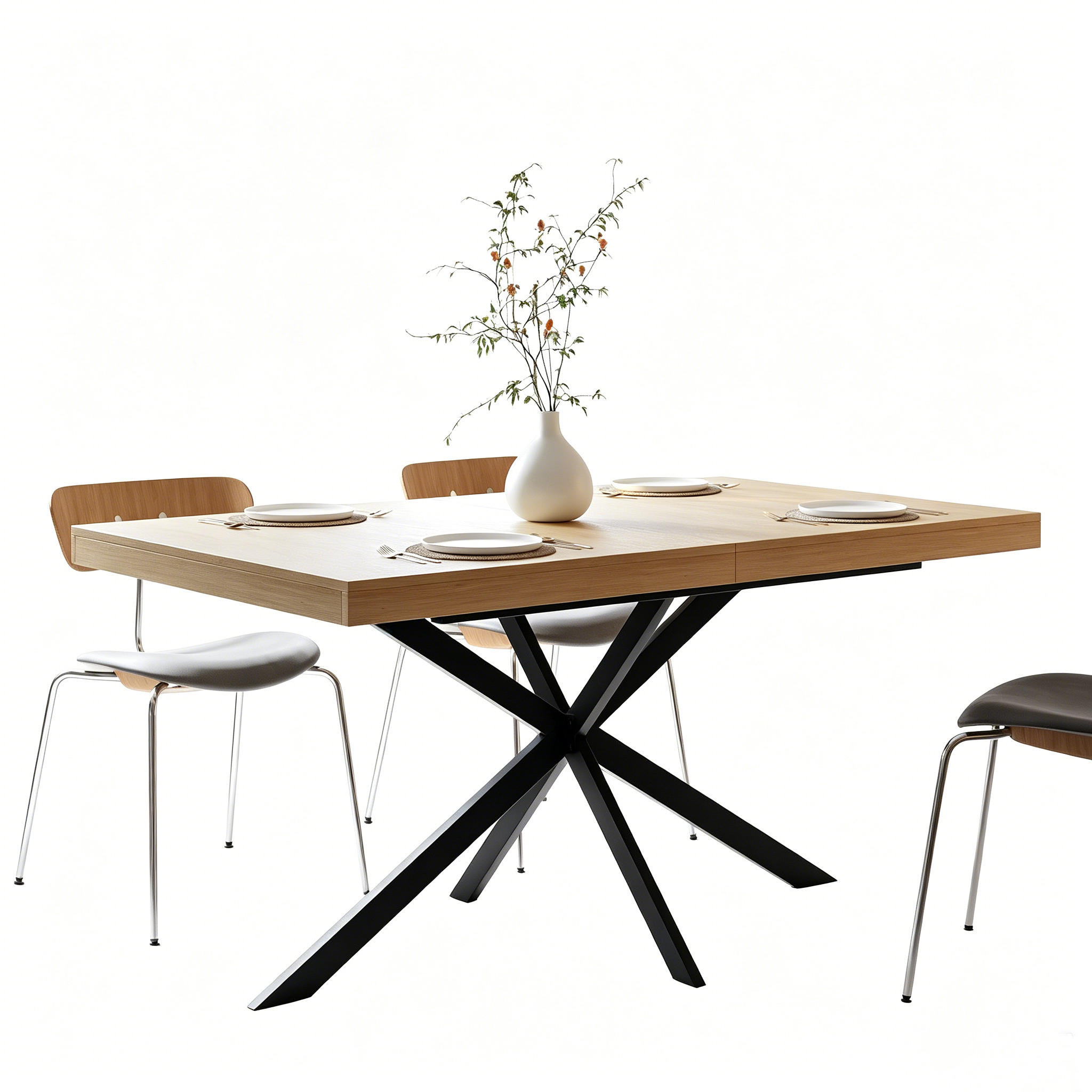 ESSTISCH Ausziehbar mit Verstecktem Stauraum Rechteckig für Esszimmer Küche Wohnzimmer Natur 140 bis 180 cm - Schwarz/Naturfarben, Holzwerkstoff/Metall (180/80/76cm) - EVRYAE