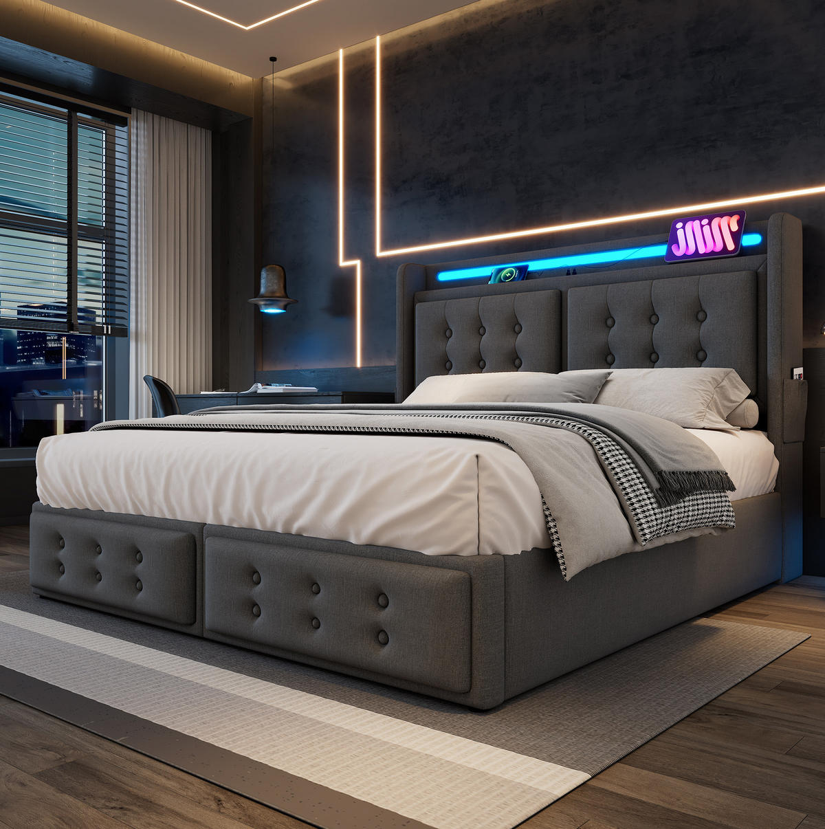 POLSTERBETT aus Baumwoll-Leinen 140x200 cm in Grau mit LED, USB-C & Matratze - Grau, Textil (140/200cm) - Modfu