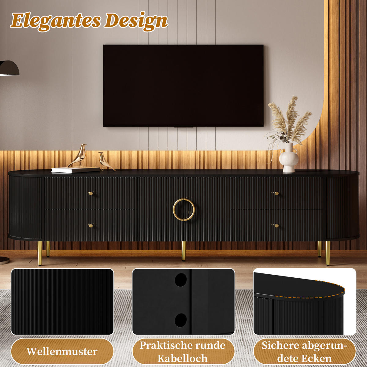 TV-ELEMENT 180/40/53 cm Schwarz mit 4 Schublade - Schwarz, Holz (180/53/40cm) - Oxeza