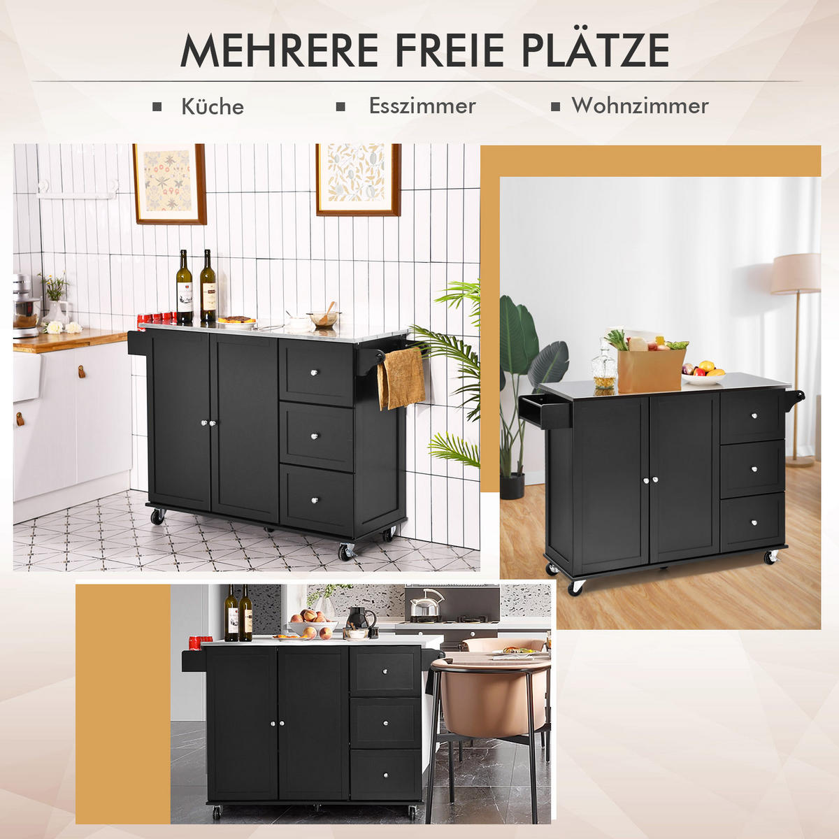 KÜCHENINSEL Schwarz - Schwarz, Holz (46/92/135cm) - COSTWAY