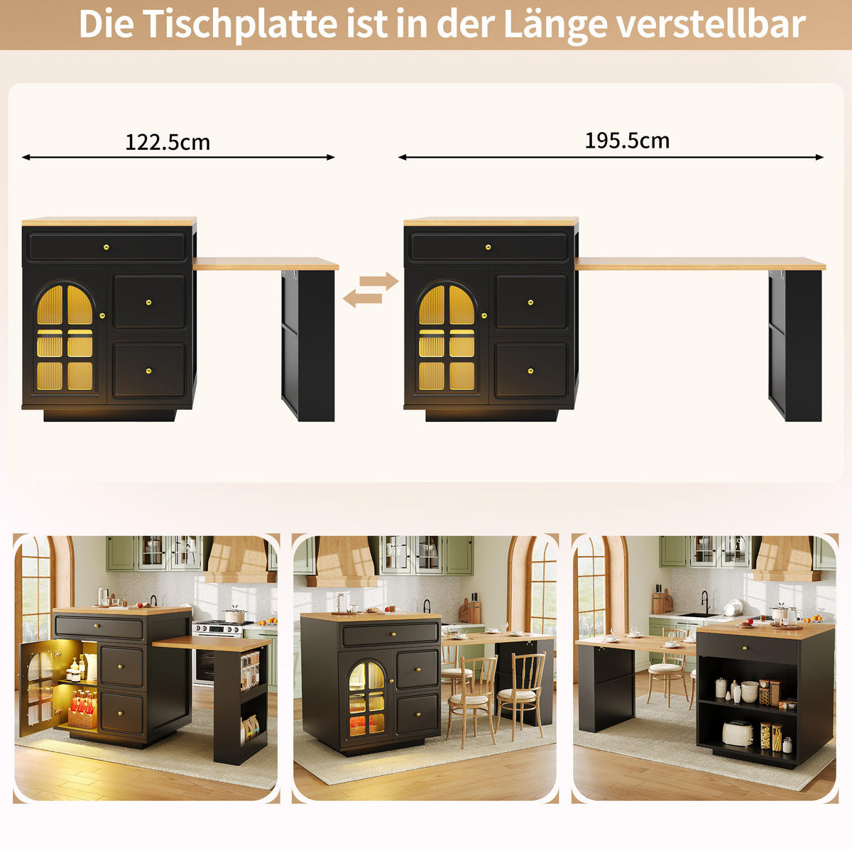 KÜCHENINSEL ausziehbar 122,5-195,5 cm Schwarz MDF Glas - Schwarz, Holz (59/93.5/122.5cm) - Beauniv