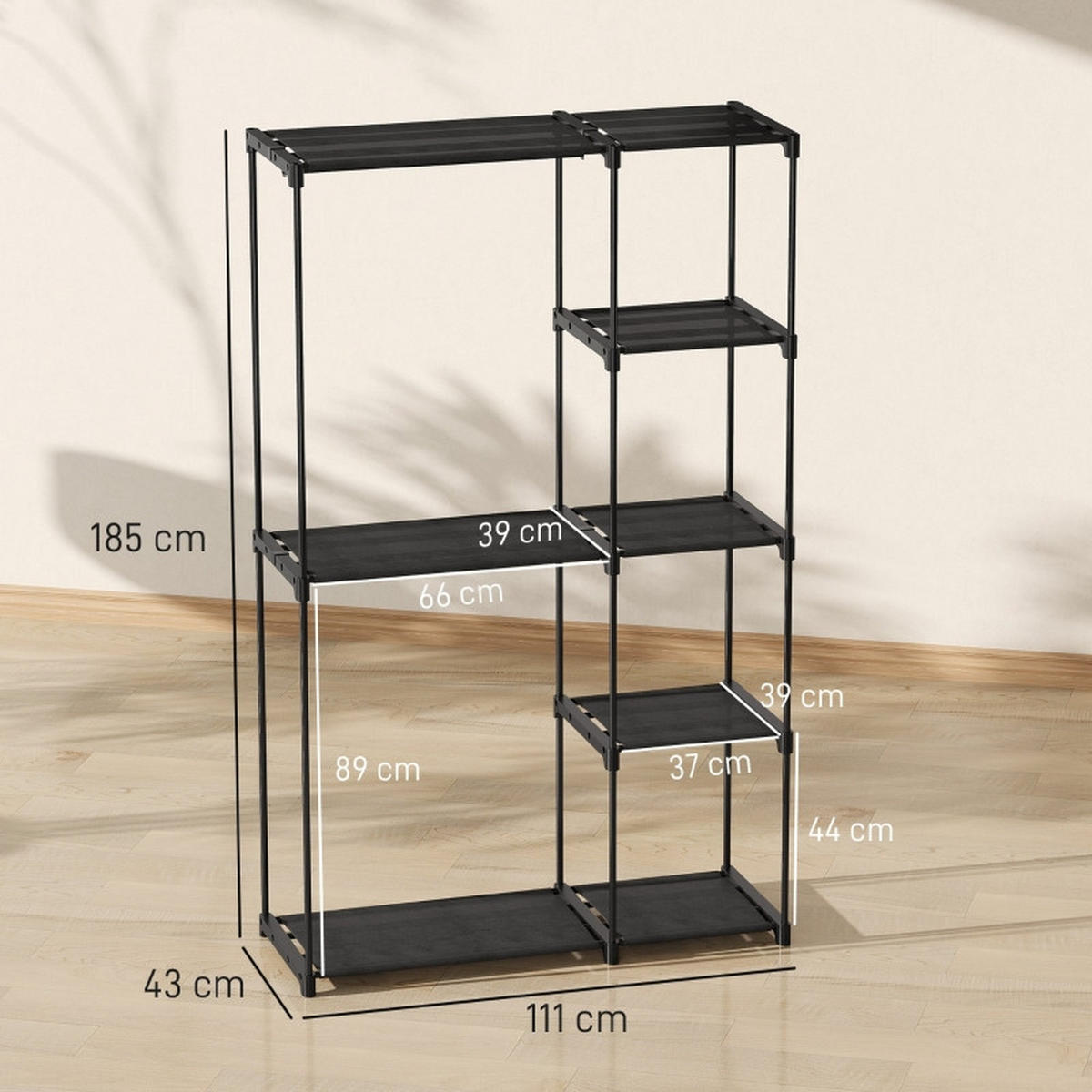STOFFSCHRANK mit Kleiderstangen & 6 Ablagen, 111/43/185 cm, Schwarz - Schwarz, Metall (43/185/111cm) - Redom