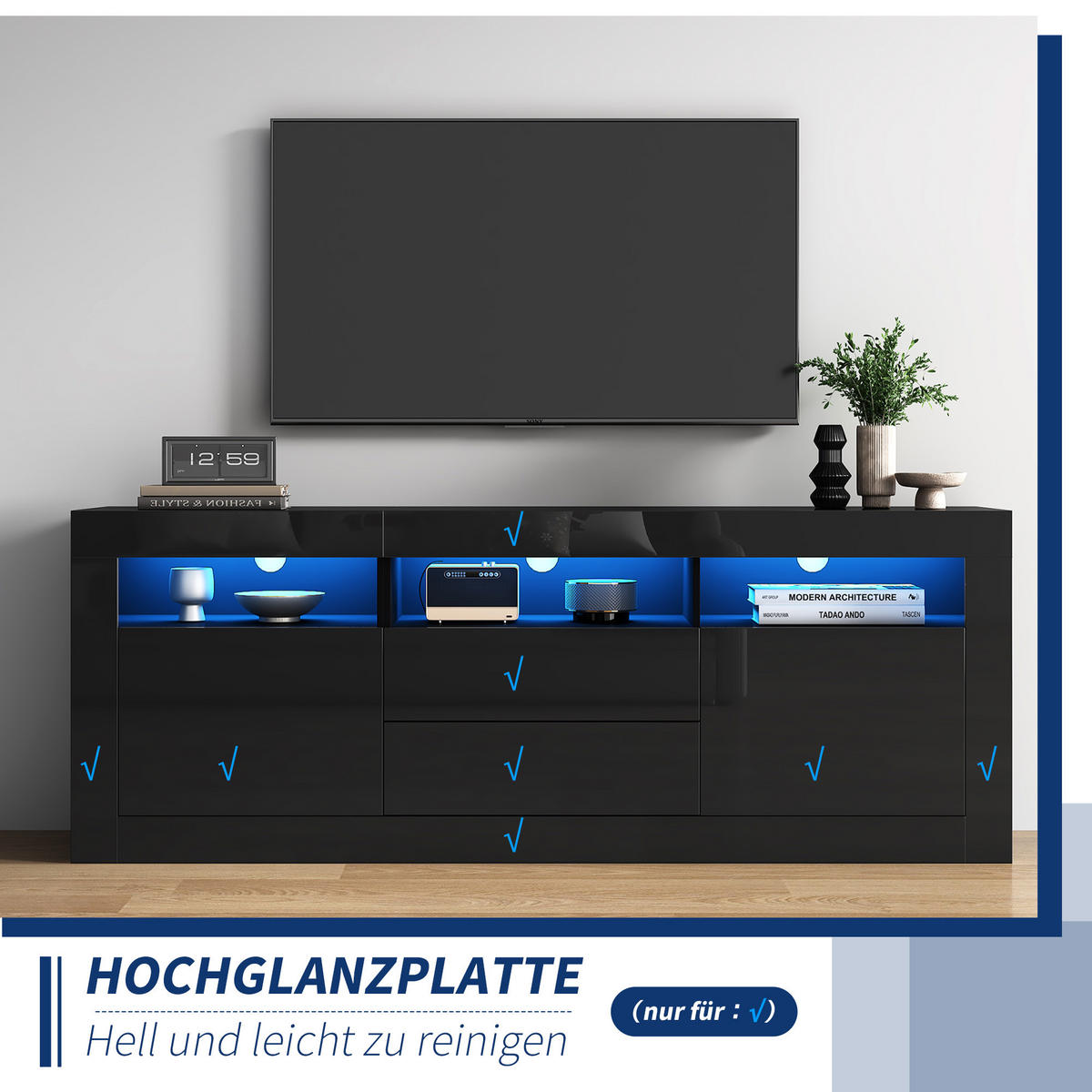 TV-SCHRANK DE-40482 2 Schubladen und 2 Türen mit LED Schwarz - Schwarz, Holzwerkstoff (160/60/35cm) - ComfortXL