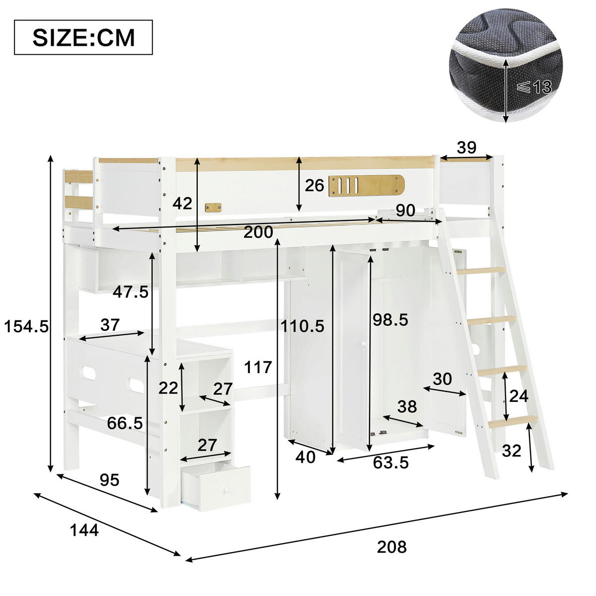 PATROVÁ postel z masivního dřeva a MDF 90x200 cm bílá a přírodní s psacím stolem, šatní skříní a úložným prostorem - bílá, kompozitní dřevo (90/200cm) - Modfu