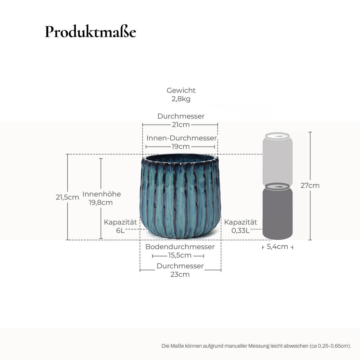 BLAUER Keramik-Blumentopf, Durchmesser 21 cm, Höhe 21,5 cm - Blau, Keramik (21cm) - Hometopia