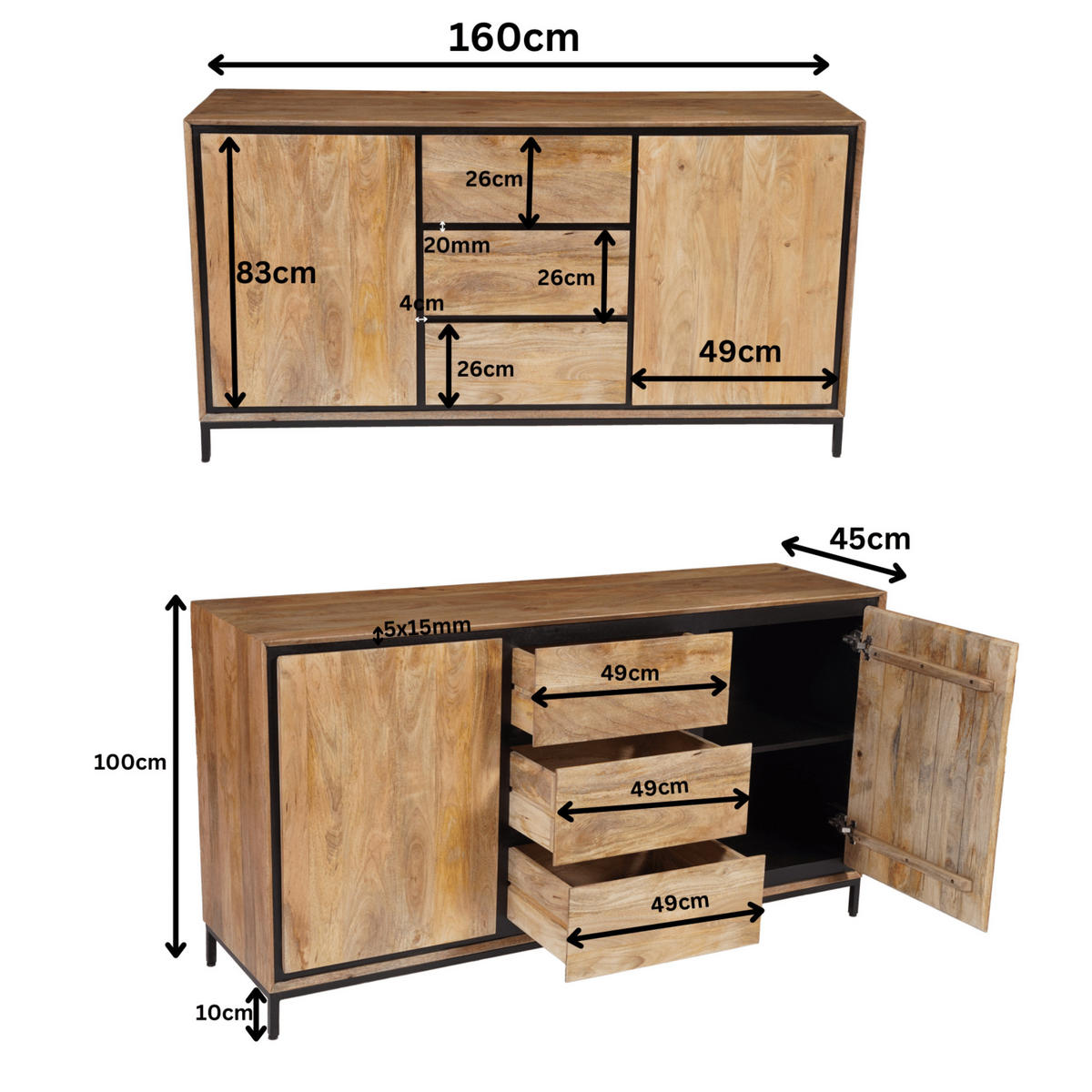 SIDEBOARD Hardwood Mangoholz 160 cm / 45 cm Natur - Naturfarben, Holz (160/85/45cm) - Villa Möbel