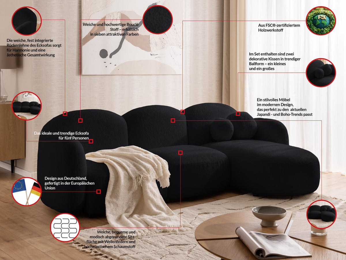 ECKSOFA Nuvola mit abgerundetem Design Schwarz Bouclé-Stoff - Ottomane Rechts - Schwarz, Holz/Kunststoff (268/146cm) - S-Style Möbel