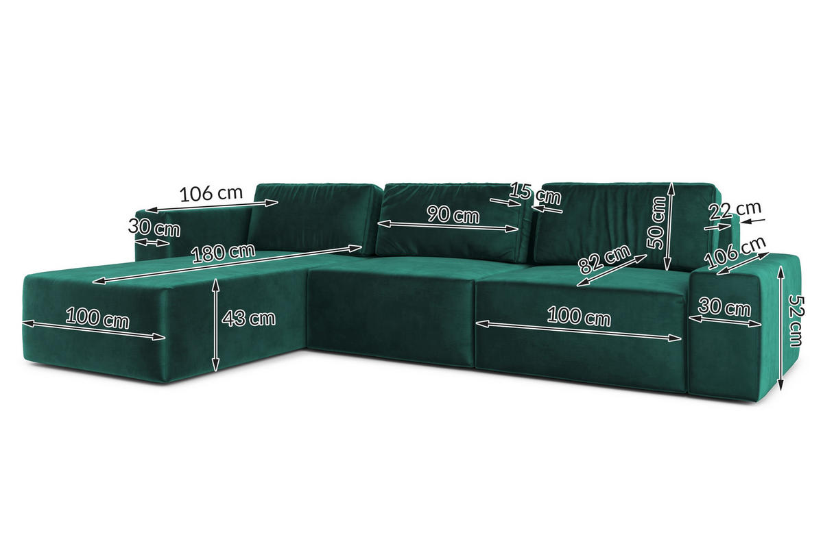 ECKSOFA L Form Arkleton Grün 360/180/93 cm Links mit Schlaffunktion - Türkis/Schwarz, Kunststoff/Textil (180/360cm) - AX Living