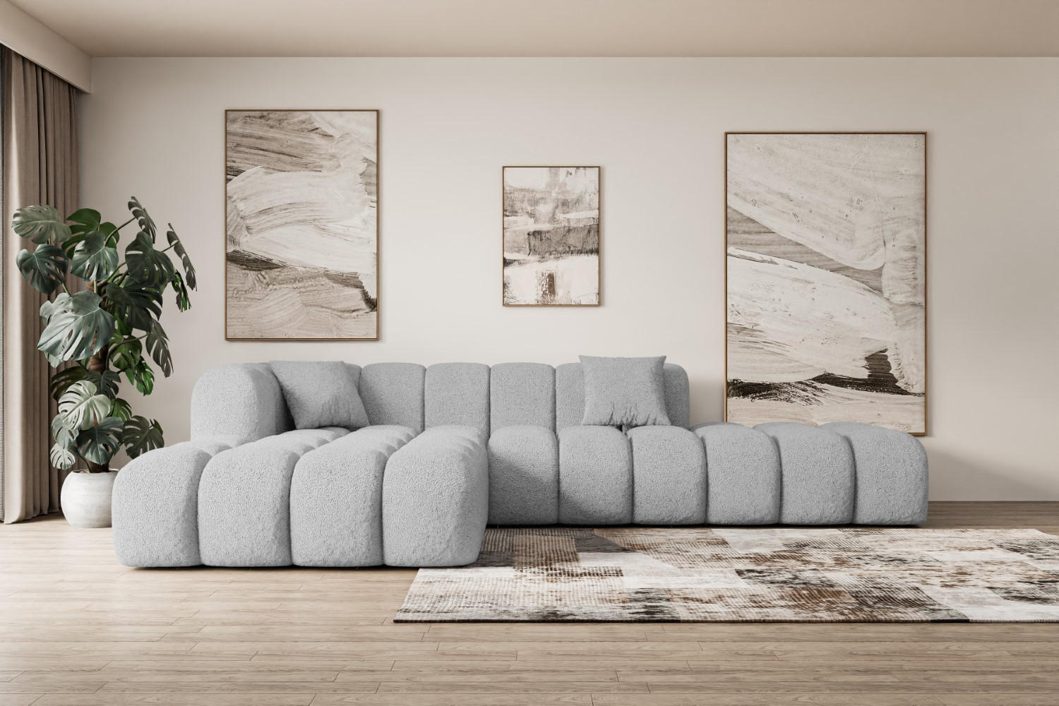 ECKSOFA Ottomane Links OLEA-L2 - 289x176x71 cm Hellgrau Bouclé - Hellgrau/Schwarz, Holzwerkstoff/Kunststoff (190/309cm) - ALTDECOR
