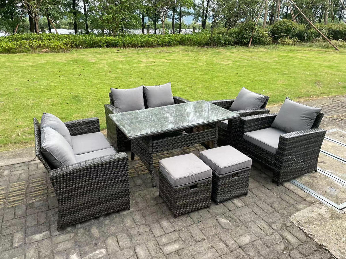 GARTENMÖBELGARNITUR mit Esstisch Polyrattan Dunkelgrau 8-Sitzer - Dunkelgrau/Grau, Glas/Kunststoff - Fimous