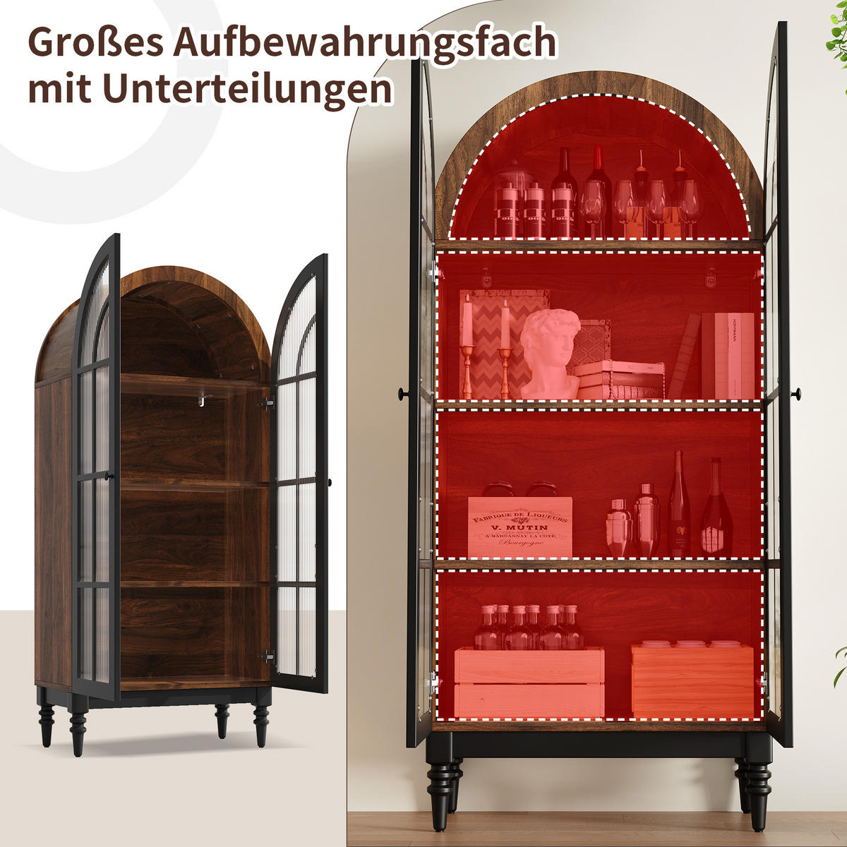 HOCHSCHRANK VITRINE Glastür Holzmaserung Bogen - Schwarz, Holzwerkstoff (76/165/35.5cm) - FLIEKS