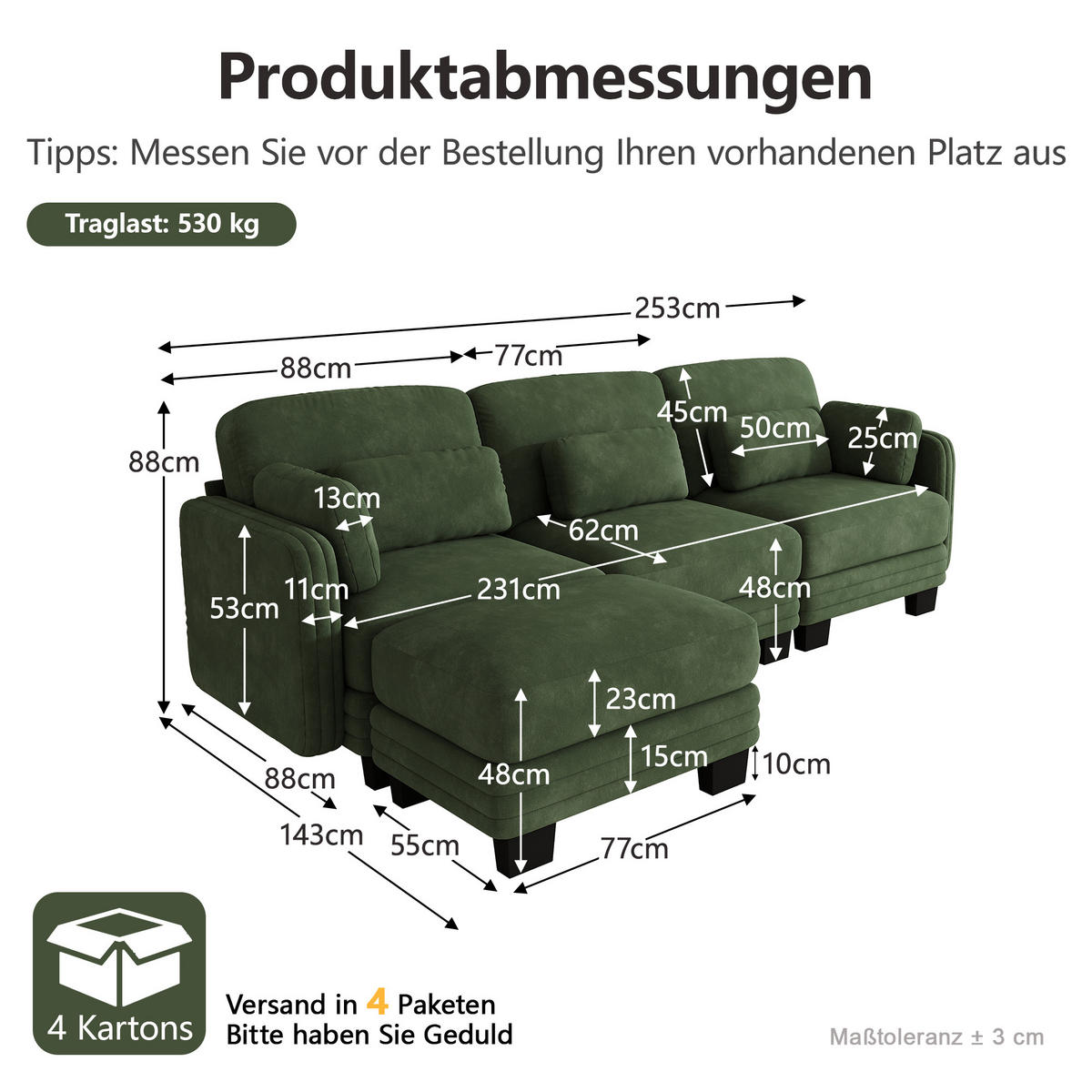 ECKSOFA L-Form 3-Sitzer modular mit Ottomane, DE-42686, Grün - Grün, Holz (253/143cm) - ComfortXL