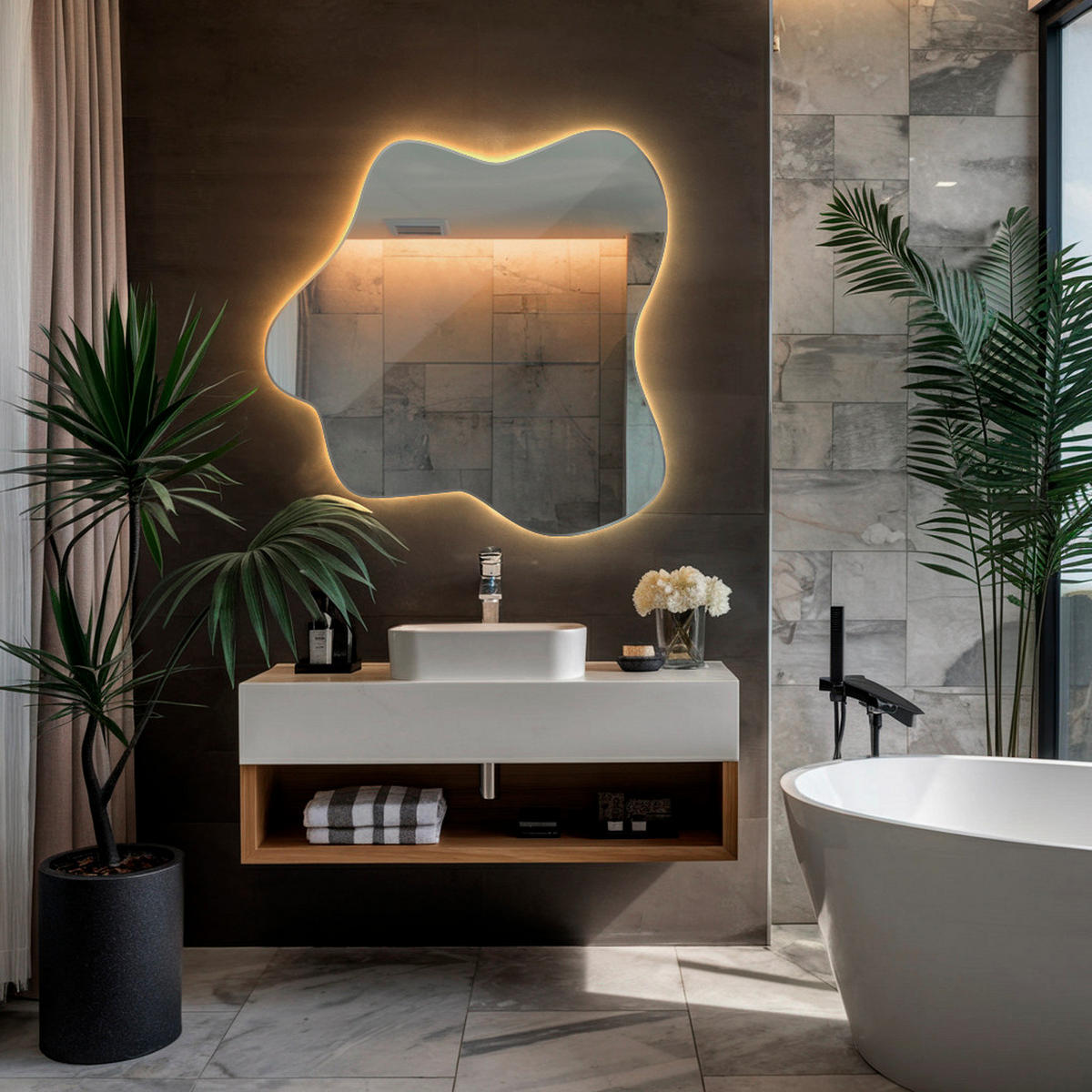 LED SPIEGEL 58 x 57,5 cm Unregelmäßige Form Warmweiß 3000K - Transparent, Glas (58/58/0.4cm) - TULUP