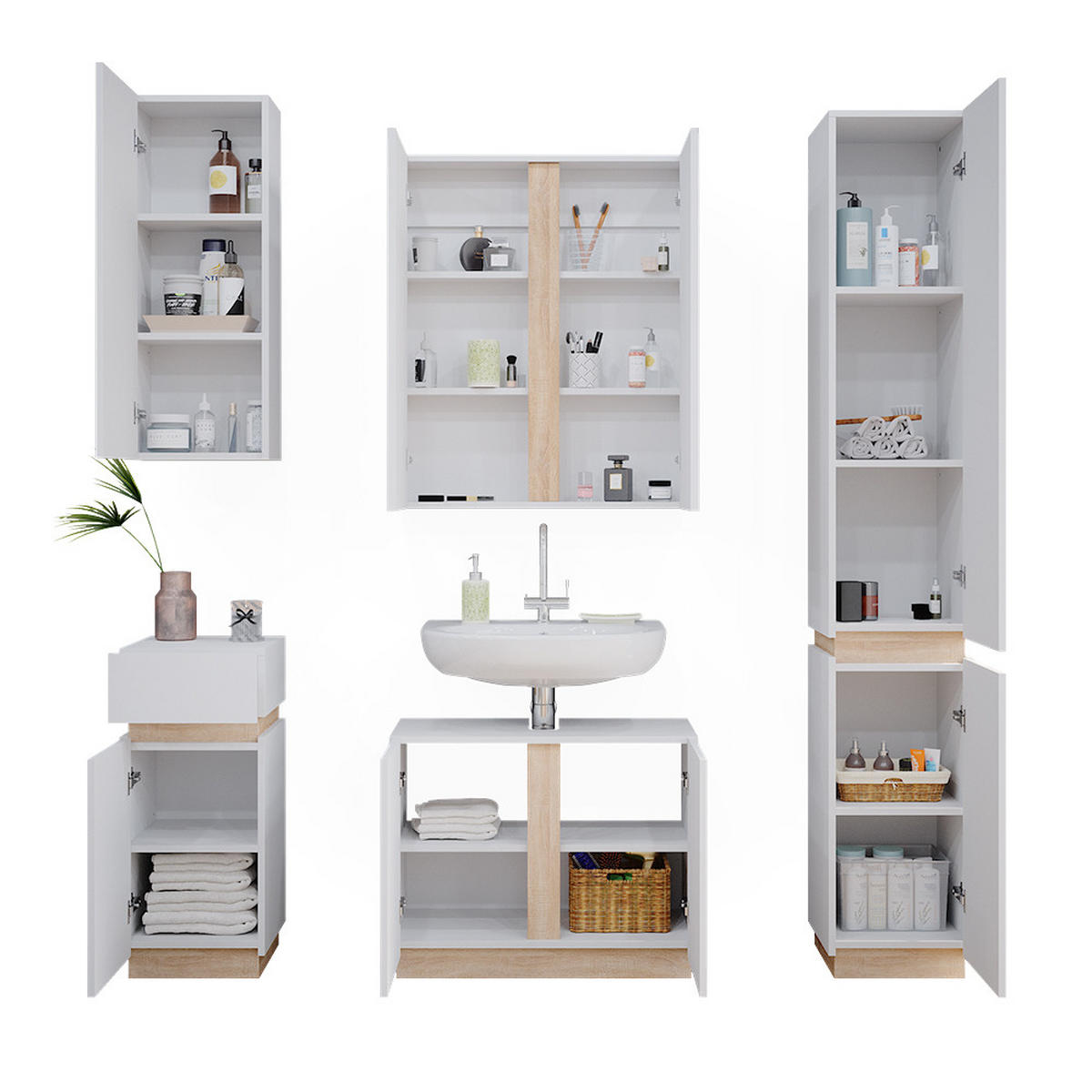BADMÖBEL-SET Gloria Weiß 5 Teile - Weiß/Sonoma Eiche, Holzwerkstoff (70/55/34cm) - Vicco