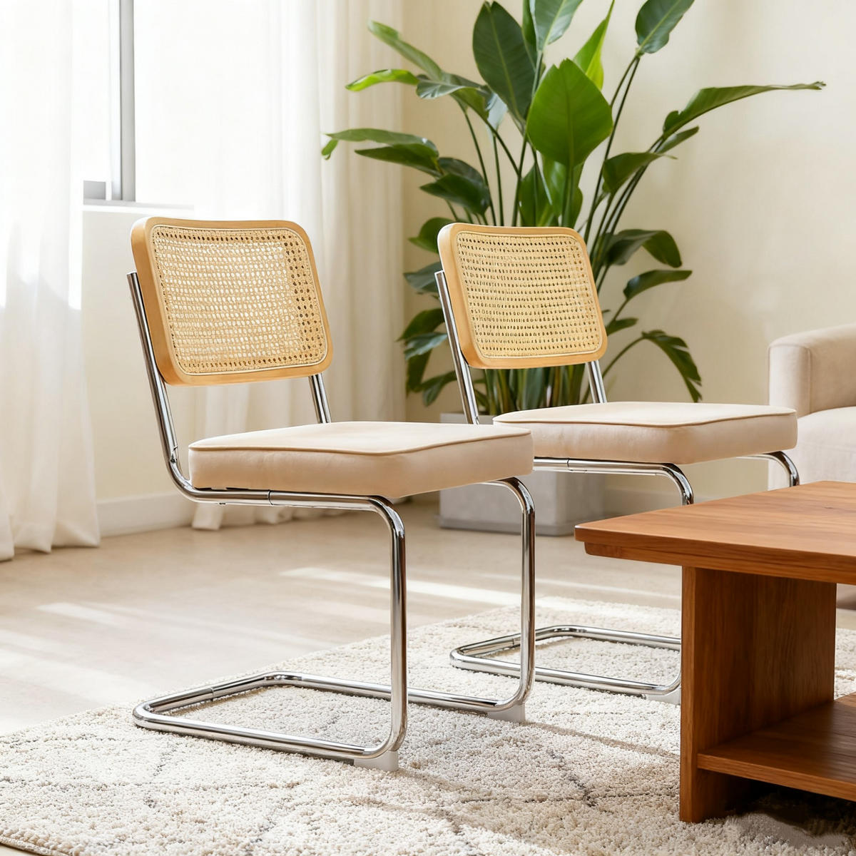 SCHWINGSTUHL 2-er Set,Freischwinger,Esszimmerstuhl,Leinen-Beige - Beige, Metall (46.4/84.6/53cm) - LVHOM