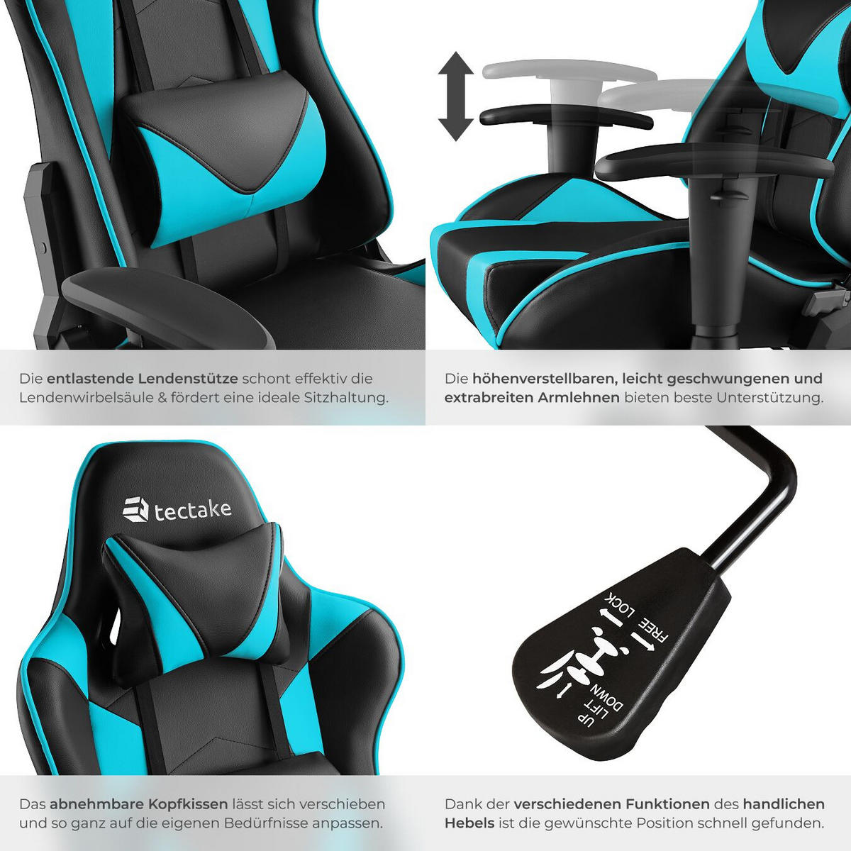 RACING-GAMINGSTUHL Twink,Belastbarkeit 120 kg,schwarz/azur - Schwarz/Hellblau, Textil (68/125/69cm) - tectake