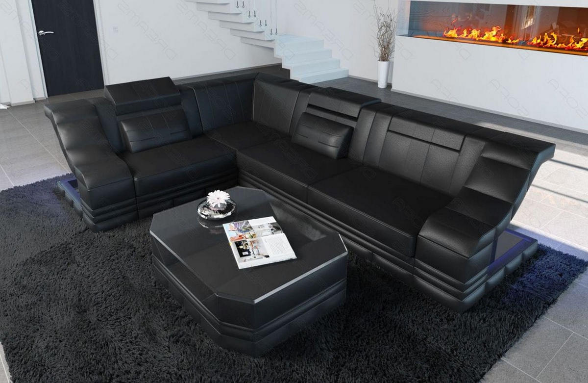 COUCH Bianchi Schwarz Echtleder - Schwarz, Leder (271/196cm)