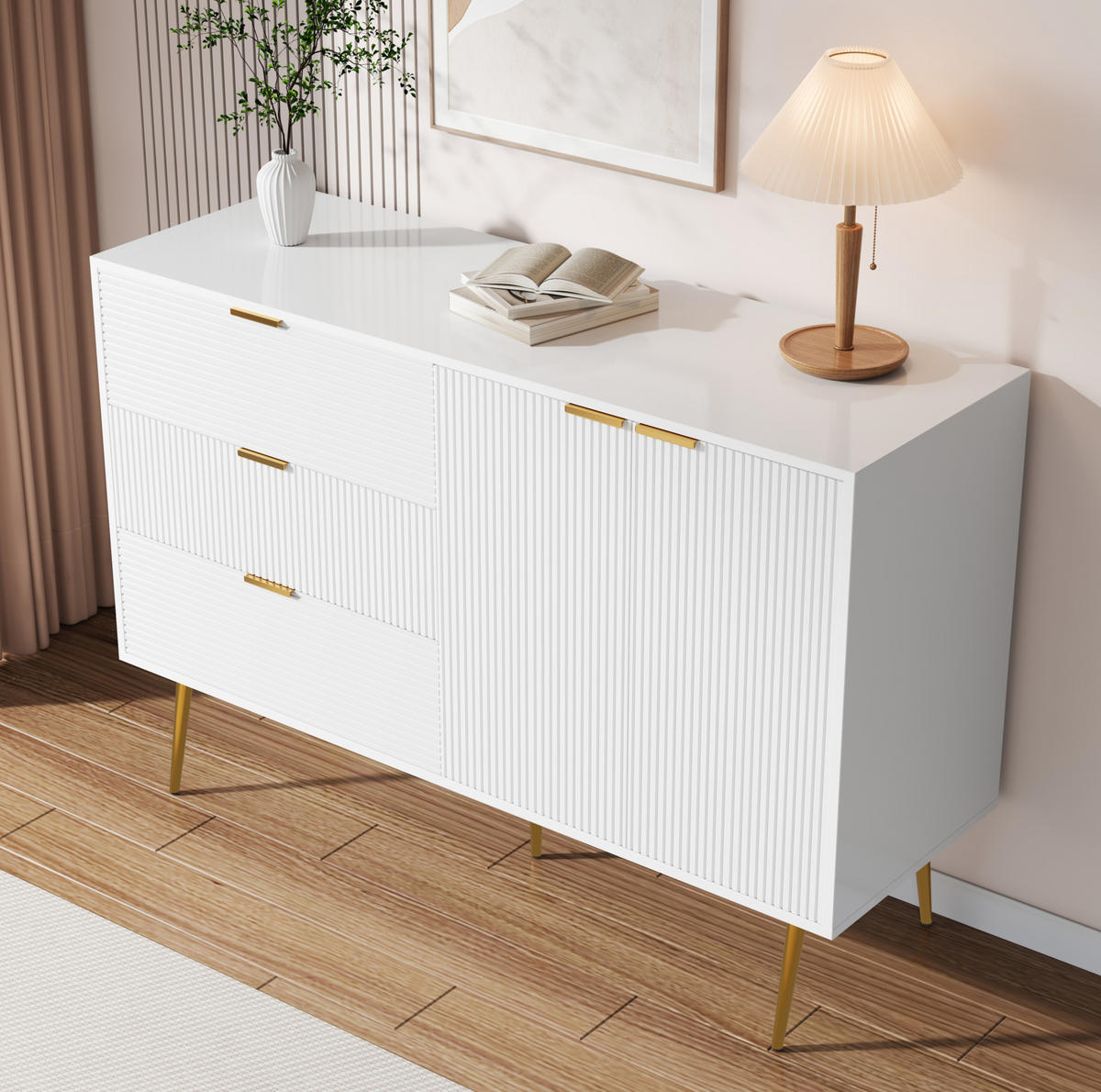 SIDEBOARD 120/38/80,5 cm mit 2 Türen, 3 Schubladen & goldfarbenen Details - Weiß, Holzwerkstoff (120/80.5/38cm) - BEAOK