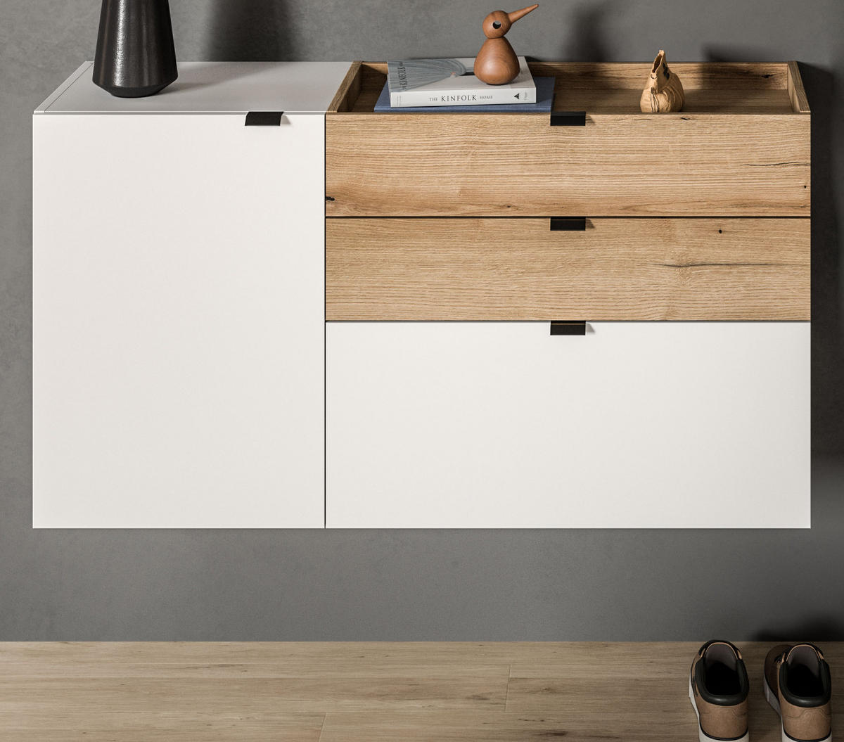 SCHUHSCHRANK weiß, Evoke Eiche 120 cm, Flur Kommode hängend mit Soft-Close - Eichefarben/Schwarz, Holzwerkstoff/Kunststoff (120/64/37cm) - Inn.Furn