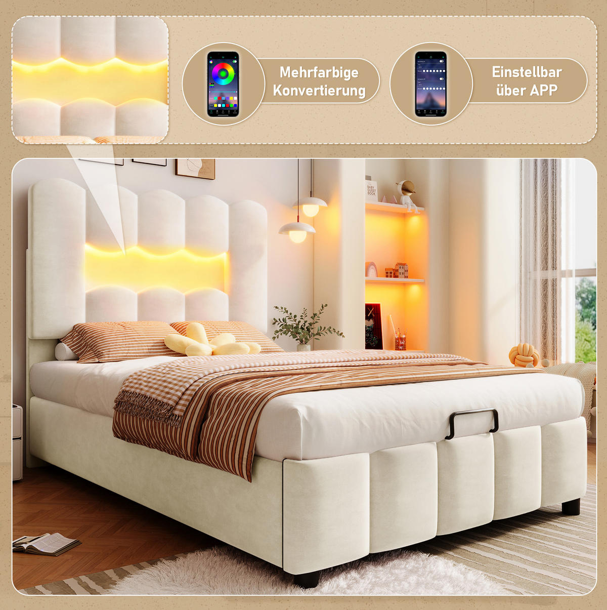 SAMT-POLSTERBETT 90/200 cm mit Bettkasten, LED-Beleuchtung & verstellbarem Kopfteil - Beige, Textil (90/200cm) - BEAOK