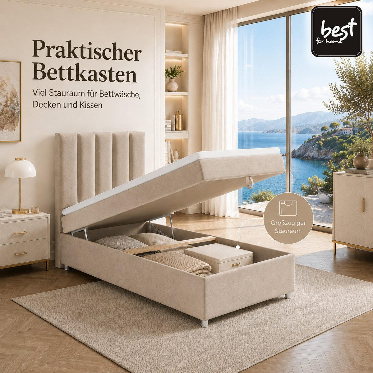 BOXBETT mit Bettkasten Trinity K-10 SINGLE Bonellfederkern inkl. Topper - Beige, Holz/Holzwerkstoff (90/200cm) - Best For Home