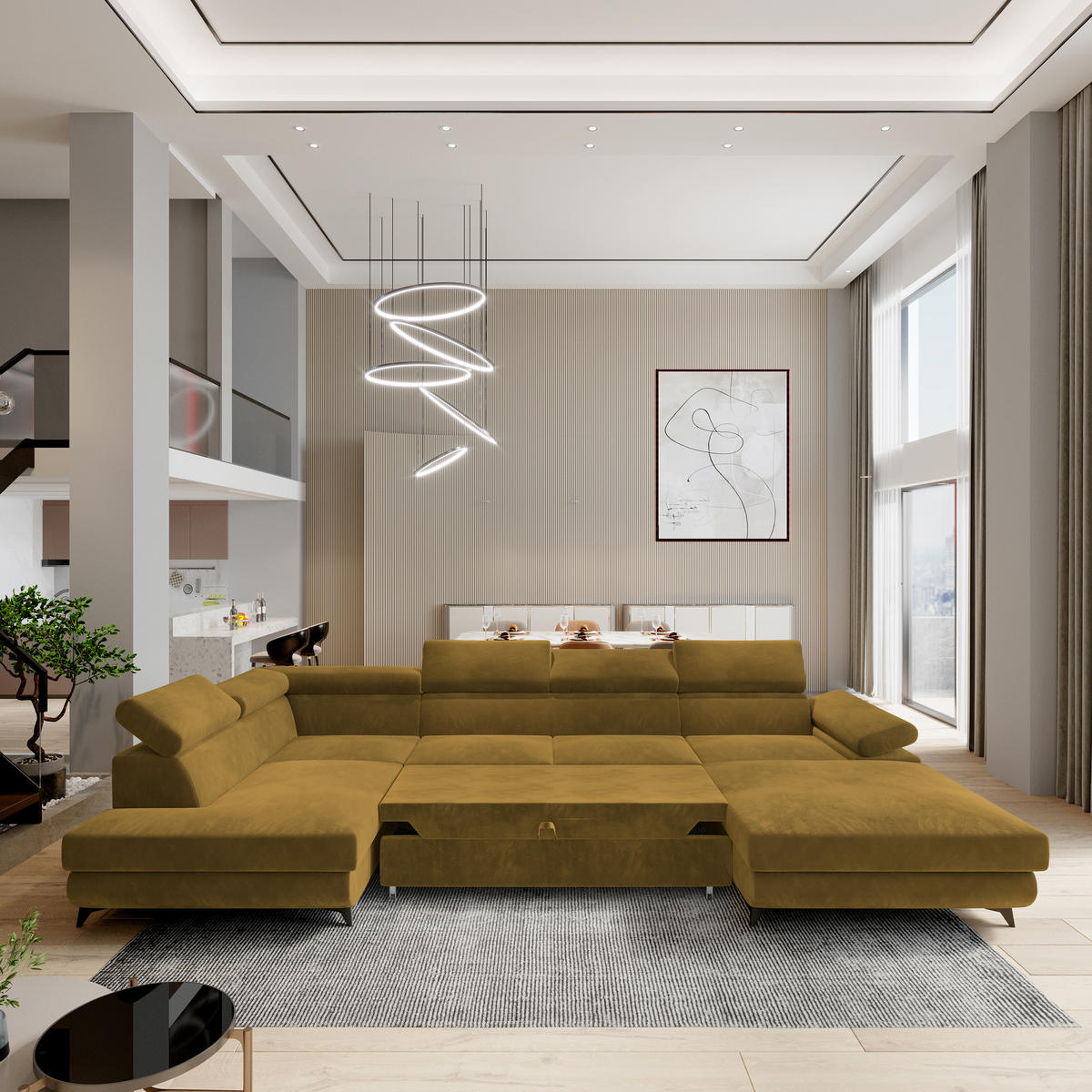 WOHNLANDSCHAFT RUBANO L-S Gelb Velours-Stoff mit Schlaffunktion - Gelb, Holz (339/89/190cm) - MASSENO