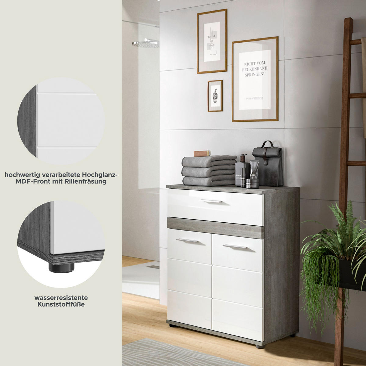 MIDISCHRANK Blake Bad in Rauchsilber Nachbildung und weiß hochglanz B/H/T: 70x79x31 cm - Anthrazit, Holz (70/79/31cm)