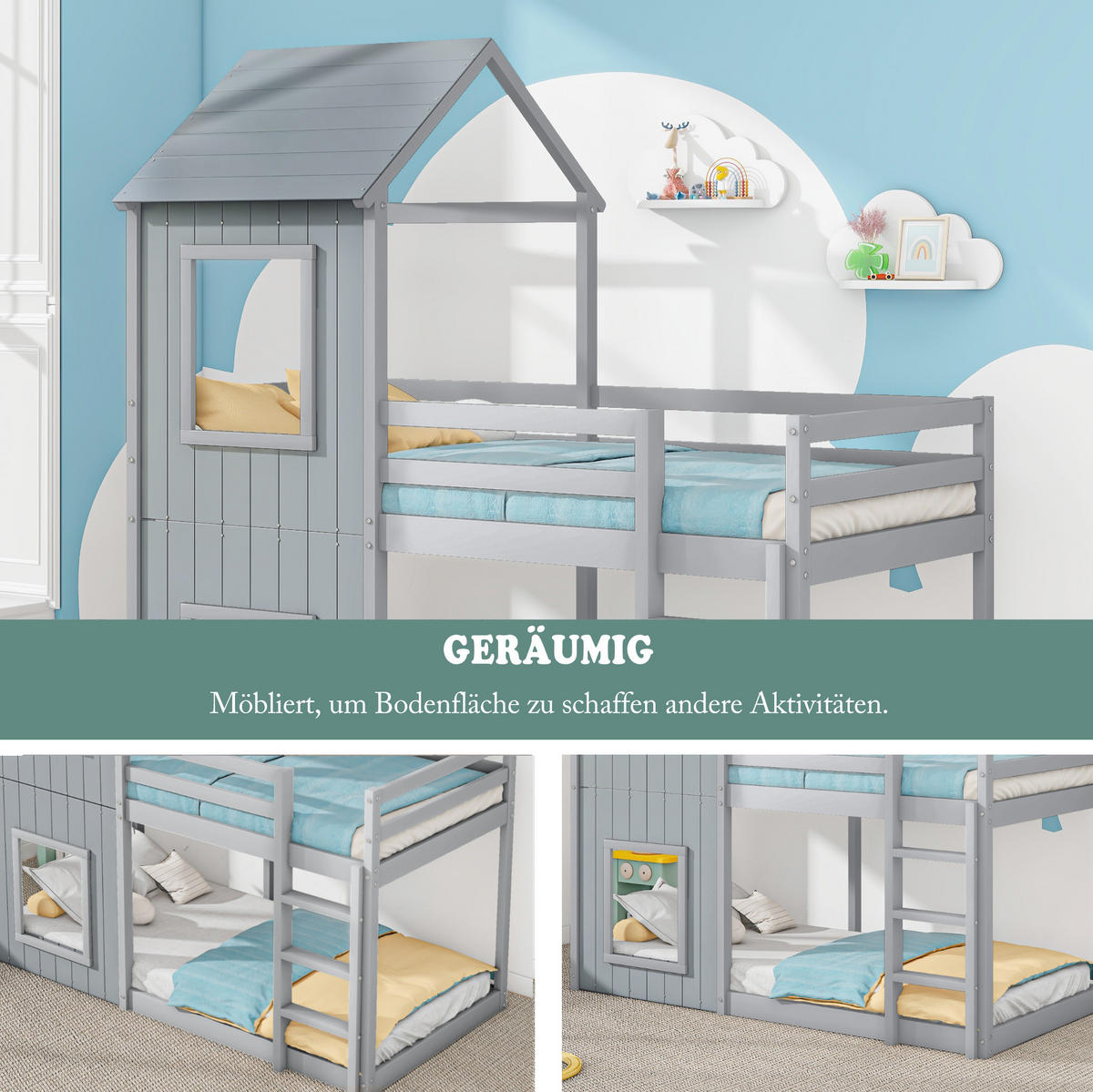 HAUSBETT 90/200 cm aus Kiefer massiv in Grau mit Sicherheitsgeländer - Grau, Holzwerkstoff (90/200cm) - BEAOK