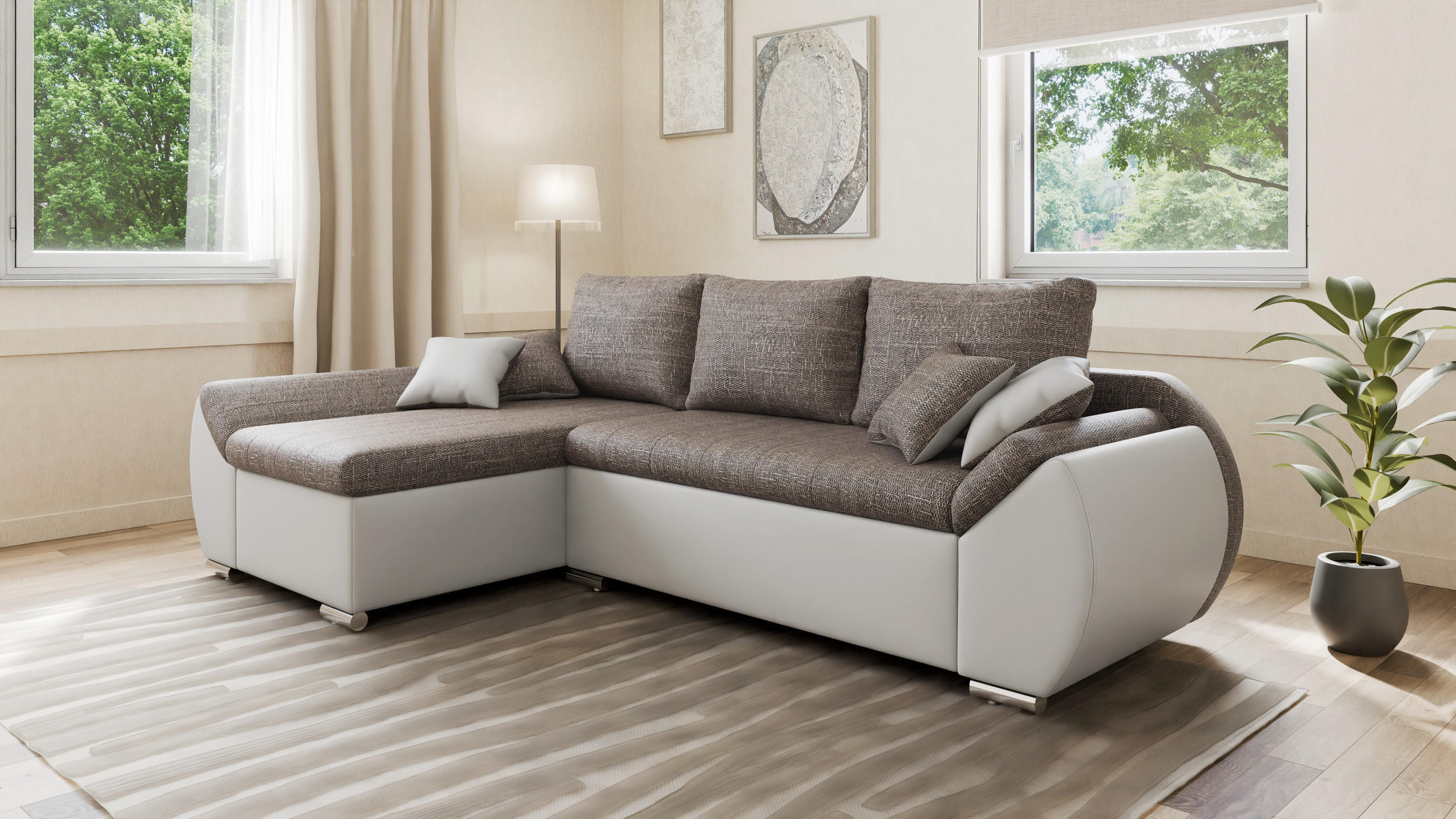 ECKSOFA - ALEX – Braun + Weiß (Lawa 02 + Soft 17) - Links - Braun, Holzwerkstoff/Metall (275/155cm) - Möblo