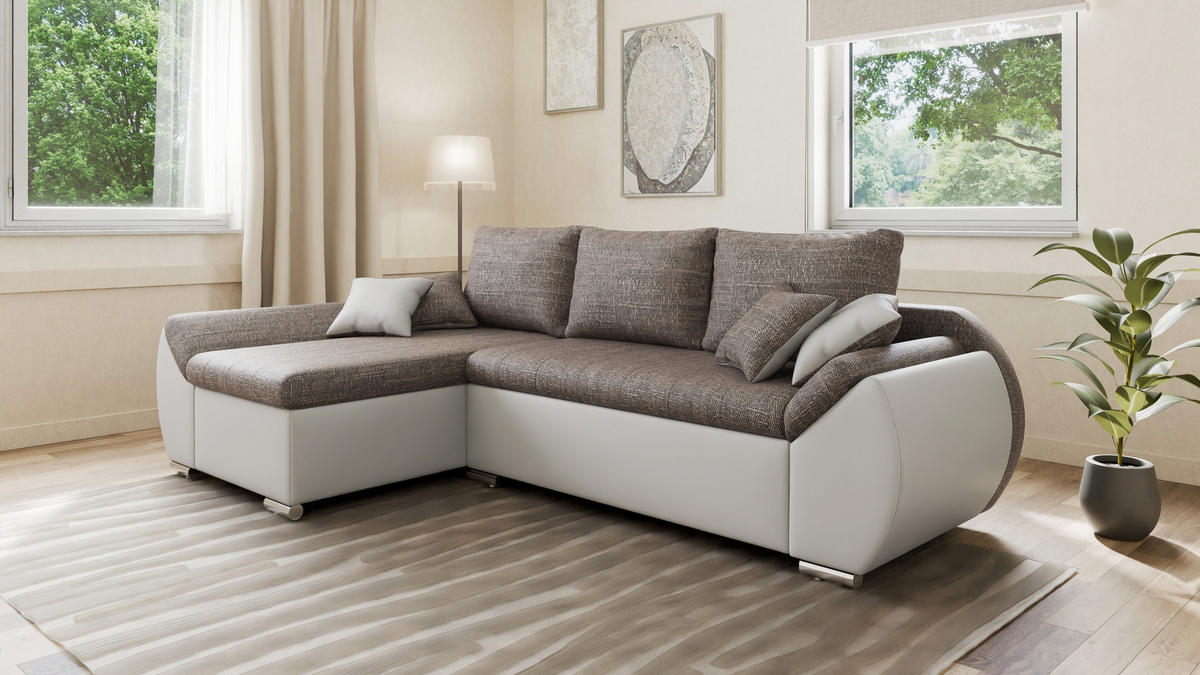 ECKSCHLAFSOFA ALEX – Braun + Weiß (Lawa 02 + Soft 17) + Hocker - Links - Braun, Holzwerkstoff/Metall (275/155cm) - Möblo