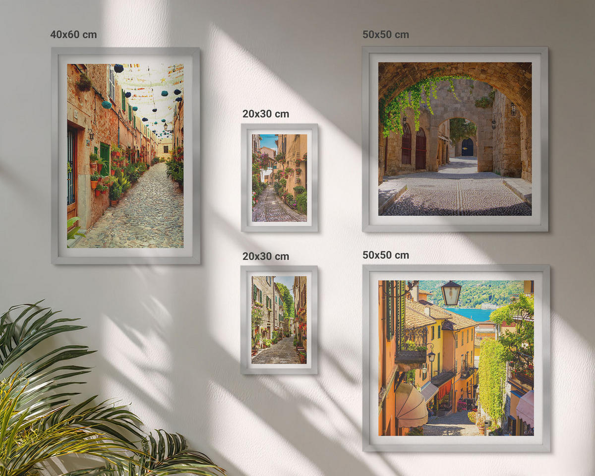 BILDER SET 5er Set - 50x50 cm & 20x30 cm & 40x60 cm Silberner Rahmen - Italienische Straßen, Blumen, Architektur - Silberfarben, Kunststoff (40/60cm) - TULUP