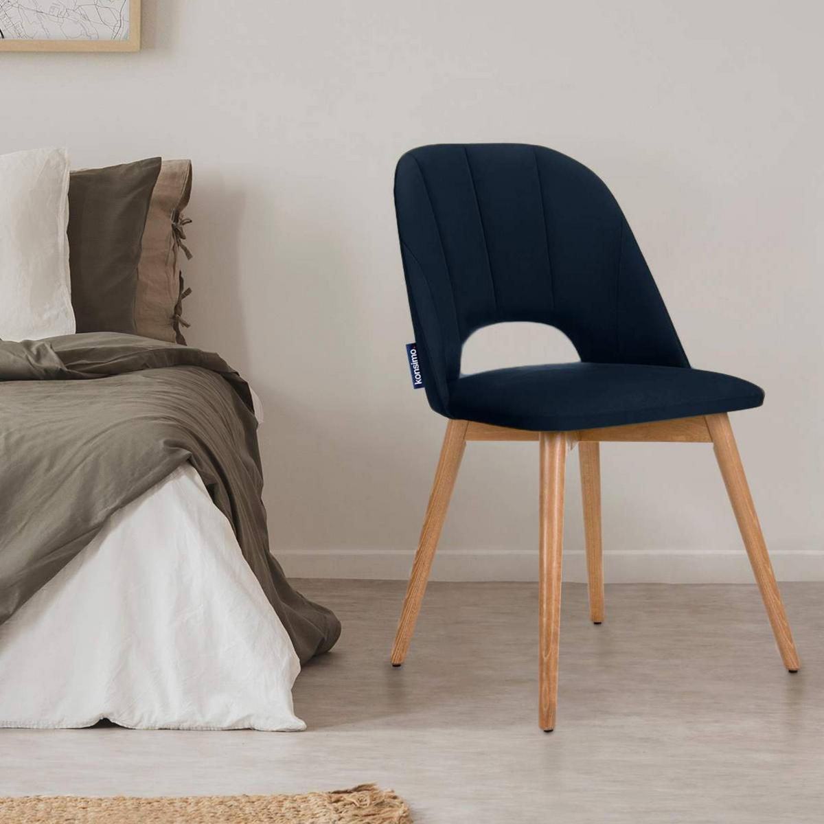 ESSZIMMERSTUHLE TINO 2-tlg Velours-Sitz, Dunkelblau - Eichefarben/Dunkelblau, Holz/Textil (48/86/44cm) - KONSIMO®