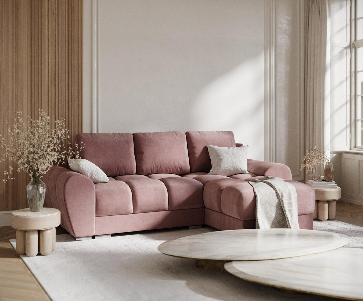 ECKSOFA MIT SCHLAFFUNKTION Peebles Rosa Samtstoff - Chromfarben/Pink, Holz/Holzwerkstoff (256/175cm) - Maison de Reve